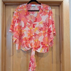 Floral Tie-Front Blouse - Pink and Orange